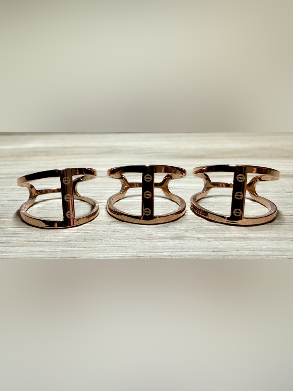 Lot Of 3 Rose Gold Tone Open Space Engraved Screw Rings, Size 9